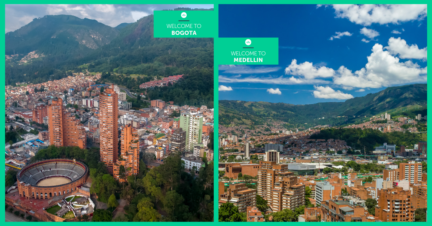 Aerial view of Bogota on the left and Medellin on the right.