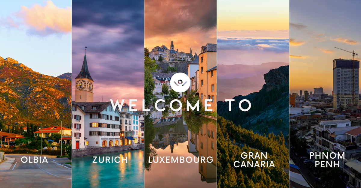 Welcome Pickups banner showing photos of Olbia, Zurich, Luxembourg, Gran Canaria and Phnom Penh, from left to right.