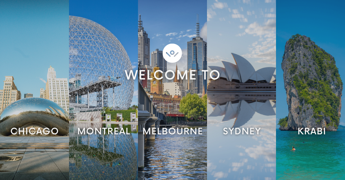A Welcome banner displaying photos of Chicago, Montreal, Melbourne, Sydney and Krabi, from left to right.
